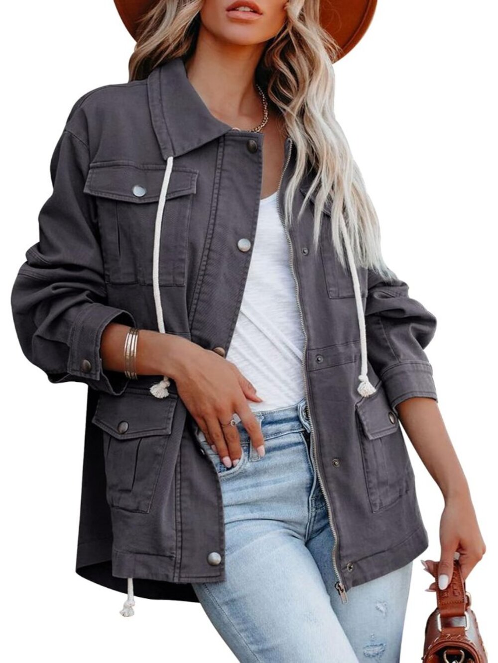 〽️Women Dark Grey Cotton Military Anorak Zip Up Safari Utility Lightweight Coat